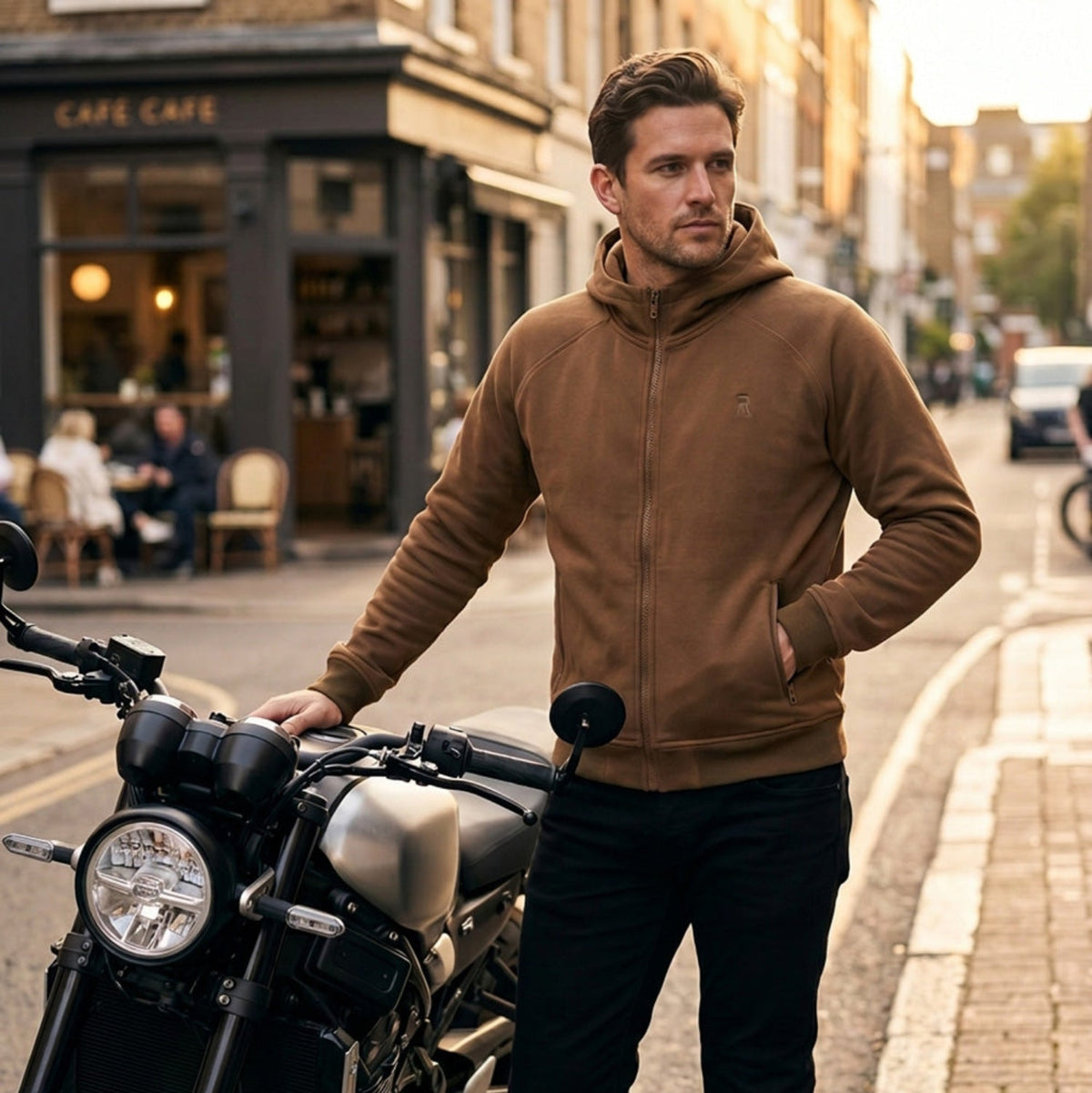 Man in a brown jacket standing next to a motorcycle on a city street.